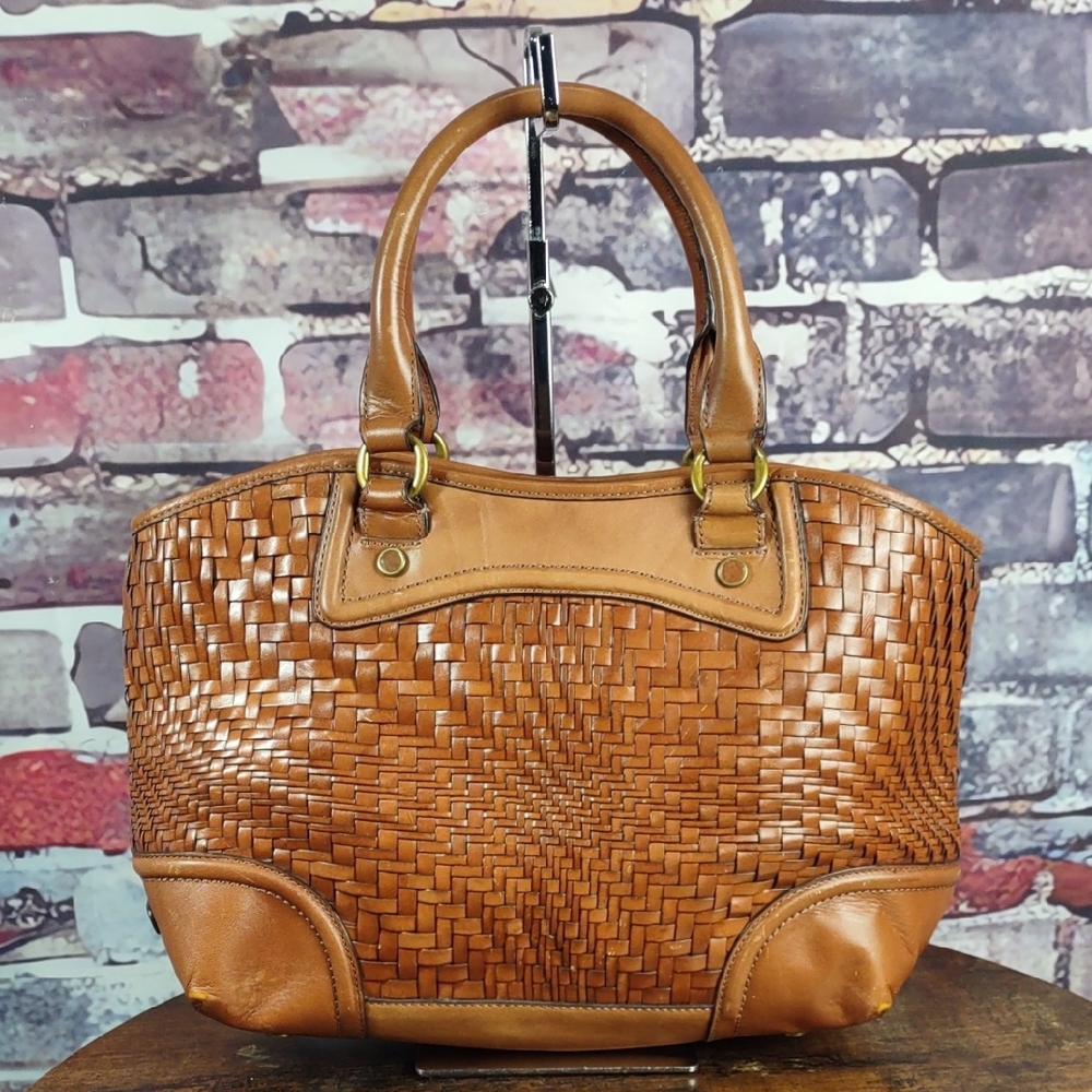 Cole Haan "Genevieve" Woven Leather Satchel HandBag Carryall Tan Purse